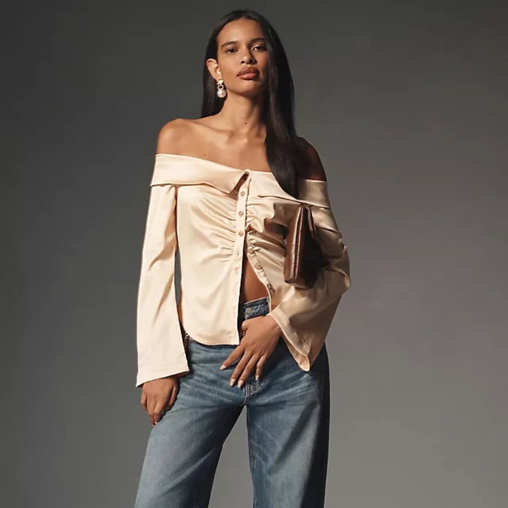 Anthropologie Off-The-Shoulder Collared Silky Shirt (NEW)